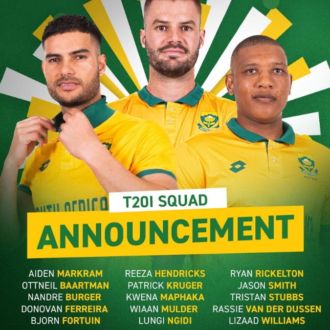 CSA: T20I squad for West Indies series announced