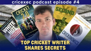 Cricket writer Tim Wigmore featured in Cricexec Podcast Episode 4, surrounded by covers of his popular cricket books including "Crickonomics" and "Cricket 2.0".
