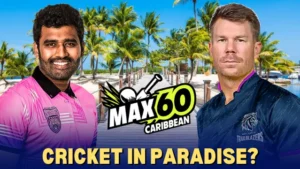 Cricketers pose with the Max60 Caribbean logo in front of a tropical beach setting, promoting the new cricket league in a paradise-like location.