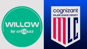 Side-by-side logos of Willow by Cricbuzz and Cognizant Major League Cricket (MLC) on a split grey and blue background.