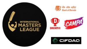 Logos of International Masters League, Dream11, Bank of Baroda, Campa, and CIFDAQ displayed together, representing league branding and official sponsors for 2025.