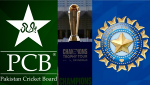 Logos of the Pakistan Cricket Board (PCB) and Board of Control for Cricket in India (BCCI) with the ICC Champions Trophy displayed in the center, highlighting the anticipation for a major clash in the 2025 tournament.