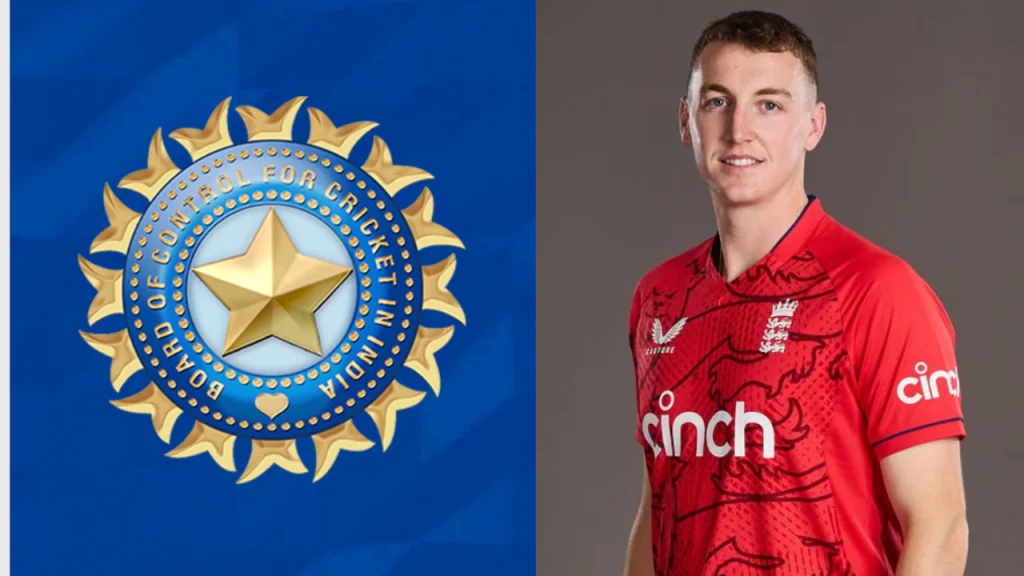 England cricketer Harry Brook alongside the official BCCI (Board of Control for Cricket in India) logo