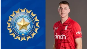 England cricketer Harry Brook alongside the official BCCI (Board of Control for Cricket in India) logo