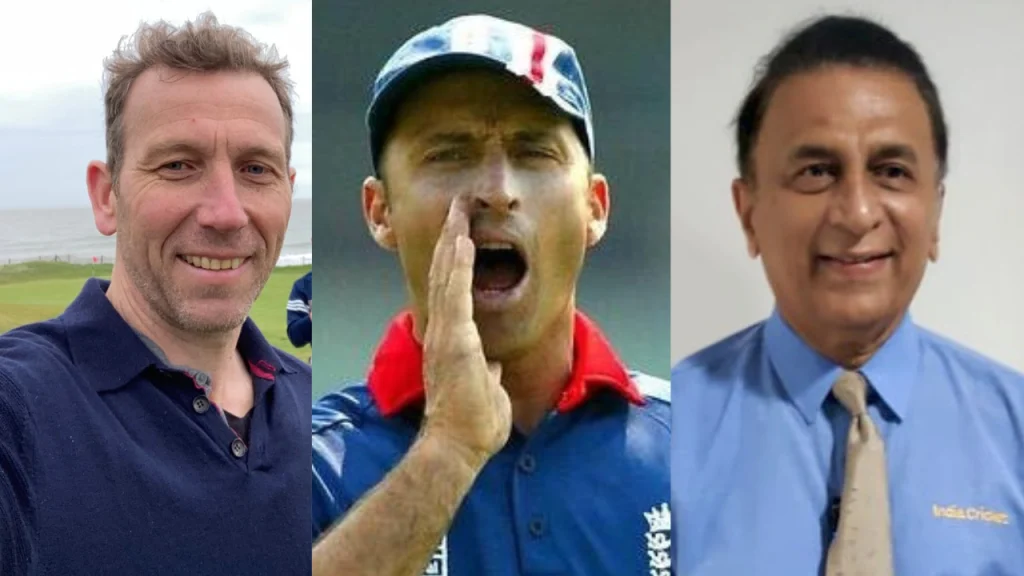 Michael Vaughan, Nasser Hussain, and Sunil Gavaskar in a side-by-side image featuring former cricket captains and commentators