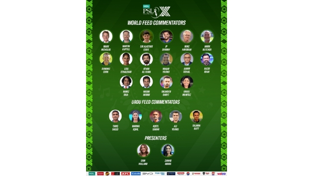 Official HBL PSL 10 commentary panel featuring photos of world feed commentators, Urdu feed commentators, and presenters for the 2025 season.