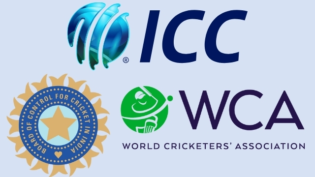 Logos of major cricket governing bodies including ICC, BCCI, and World Cricketers’ Association on a light blue background.