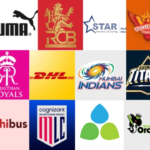 Logos of IPL teams, cricket boards, and sponsors including RCB, Mumbai Indians, Sunrisers Hyderabad, Puma, DHL, Star Sports, and others