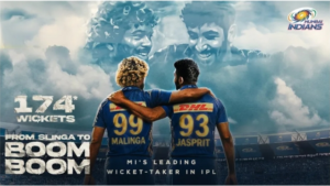 Jasprit Bumrah and Lasith Malinga of Mumbai Indians with arms around each other, celebrating IPL wicket milestones in front of a stadium backdrop.