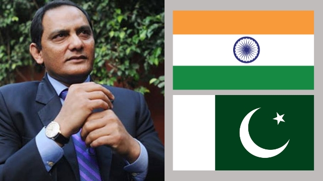 Mohammad Azharuddin, former Indian cricket captain, posing in a suit next to the national flags of India and Pakistan, symbolizing India-Pakistan cricket relations.