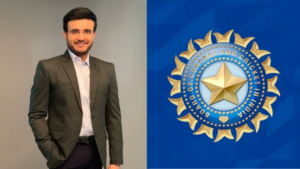 Photo of former Indian cricket captain Sourav Ganguly in a suit standing beside the Board of Control for Cricket in India (BCCI) logo.