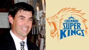 Photo of Chennai Super Kings (CSK) head coach Stephen Fleming in a suit alongside the CSK team logo featuring a roaring lion.