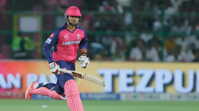 Vaibhav Sooryavanshi in action while batting for Rajasthan Royals during a T20 match.