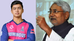 Cricketer Vaibhav Surynavanshi in Rajasthan Royals jersey alongside Bihar Chief Minister Nitish Kumar speaking at an event.