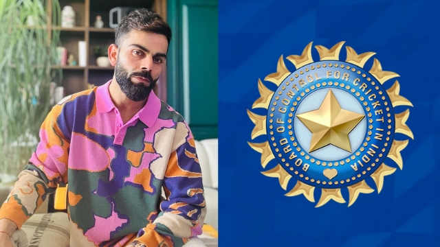 Split image showing Indian cricketer Virat Kohli on the left and the official BCCI (Board of Control for Cricket in India) logo on the right.