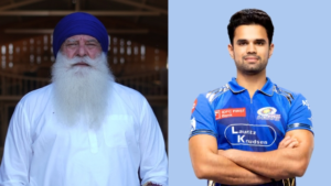 Photo of former cricketer Yograj Singh in traditional attire and Arjun Tendulkar in Mumbai Indians jersey posing with arms crossed.