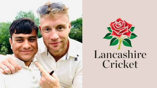 Adnan Miakhel and Andrew Flintoff posing together in cricket attire next to the Lancashire Cricket Club logo.