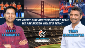 Anand Rajaraman and Venky Harinarayan featured alongside San Francisco Unicorns branding and Golden Gate Bridge, representing the team as Silicon Valley’s cricket identity in 2025.