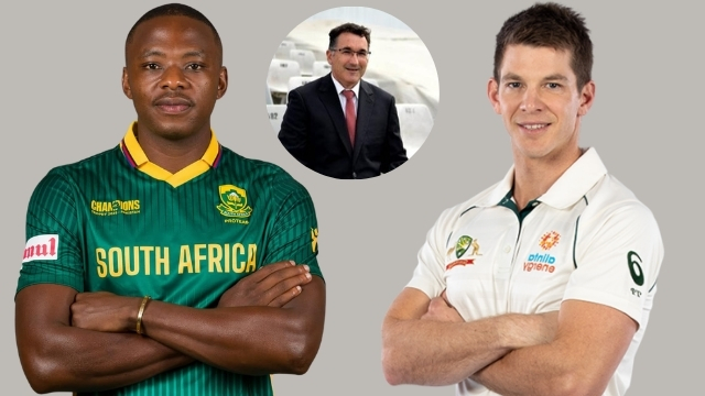 Kagiso Rabada in South Africa jersey, Tim Paine in Australia cricket whites, with Andrew Breetzke in a suit shown in an inset, representing cricket leadership and administration.