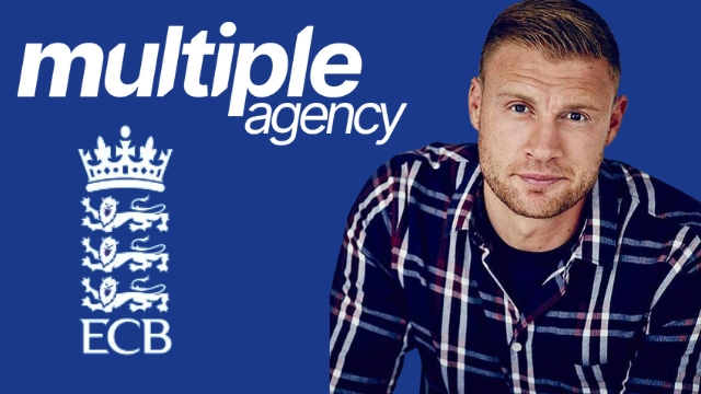 Photo of former English cricketer Andrew Flintoff next to the logos of The Multiple Agency and the England and Wales Cricket Board (ECB) on a blue background.