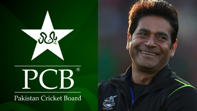 Photo of former cricketer Aqib Javed smiling alongside the Pakistan Cricket Board (PCB) logo, suggesting a coaching or official role in 2025.