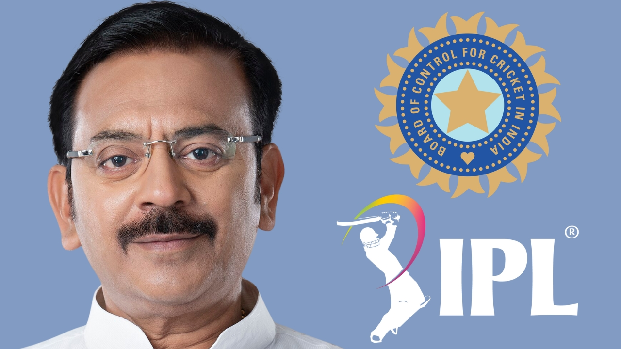 Aroop Biswas in front of IPL and BCCI logos on a blue background