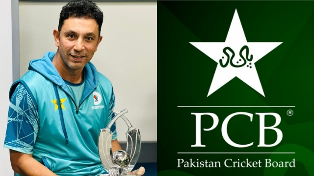 Azhar Mehmood holding a trophy alongside the Pakistan Cricket Board (PCB) logo, representing his role as Pakistan's assistant coach.