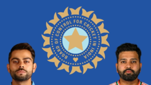 BCCI logo with Indian cricketers Virat Kohli and Rohit Sharma on either side
