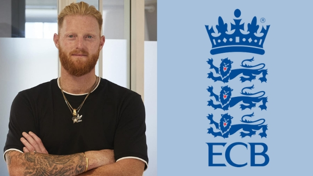 Ben Stokes standing with folded arms next to the England and Wales Cricket Board (ECB) logo.