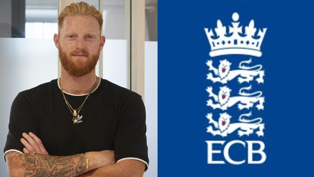 Ben Stokes standing with folded arms next to the England and Wales Cricket Board (ECB) logo on a split background.