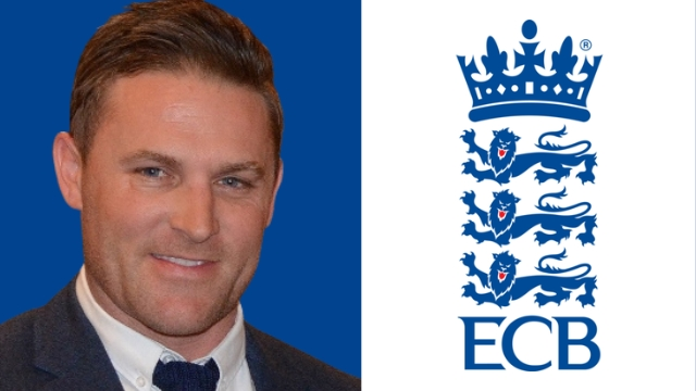 Brendon McCullum in formal attire next to the England and Wales Cricket Board (ECB) logo featuring three lions on a white background.