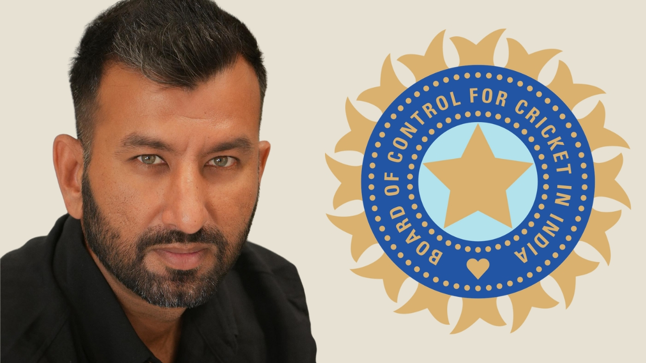 Cheteshwar Pujara in black outfit next to the BCCI logo on a beige background