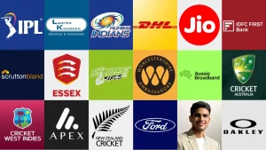 Collage of logos including major cricket boards, leagues, and sponsors such as IPL, Mumbai Indians, Cricket Australia, Cricket West Indies, New Zealand Cricket, and brands like Jio, DHL, Ford, Oakley, and more.