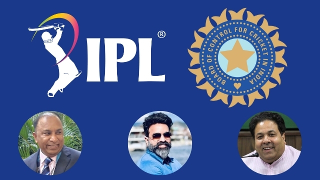 Photos of Devajit Saikia, Arun Dhumal, and Rajeev Shukla displayed below the IPL and BCCI logos on a blue background, highlighting key figures in Indian cricket administration.