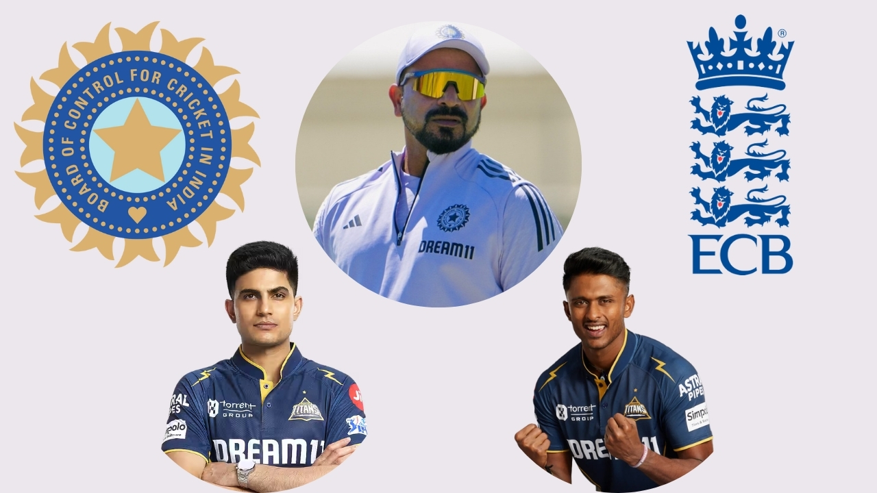 Dilip T, Shubman Gill, and Sai Sudharsan featured with BCCI and ECB logos in the background, representing cricket collaboration between India and England.