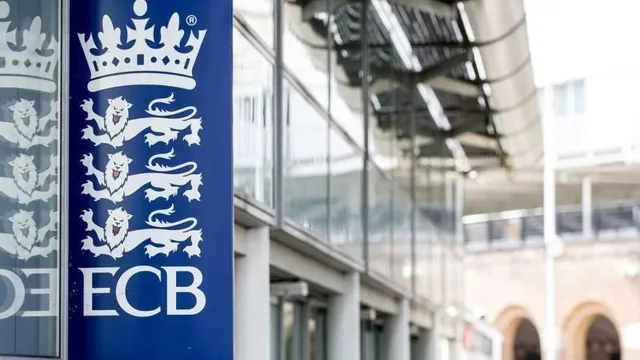 Exterior view of the ECB headquarters featuring the England and Wales Cricket Board logo on a blue sign.