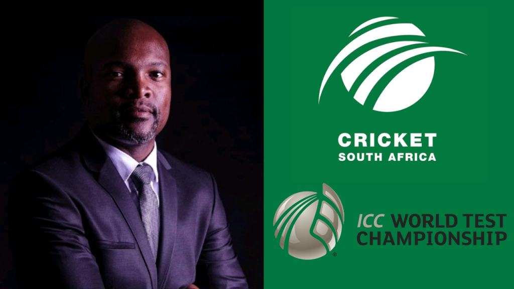 Enoch Nkwe in a formal suit alongside Cricket South Africa (CSA) and ICC World Test Championship logos, representing South Africa’s involvement in international test cricket.