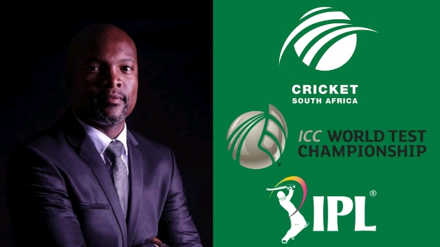 Enoch Nkwe in a suit alongside logos of Cricket South Africa, ICC World Test Championship, and IPL