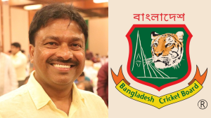 Faruque Ahmed smiling at an indoor event beside the official logo of the Bangladesh Cricket Board featuring a tiger and national monument.