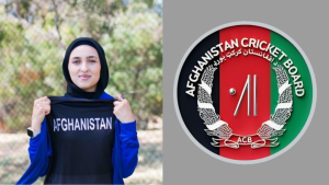 Firooza Amiri holding an Afghanistan jersey next to the Afghanistan Cricket Board (ACB) logo on a split background