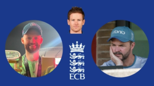 Freddie Wilde, Eoin Morgan, and Nathan Leamon featured with the England and Wales Cricket Board (ECB) logo, highlighting key figures in English cricket strategy and analysis.