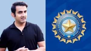 Gautam Gambhir alongside the BCCI (Board of Control for Cricket in India) logo, symbolizing his association with Indian cricket leadership.