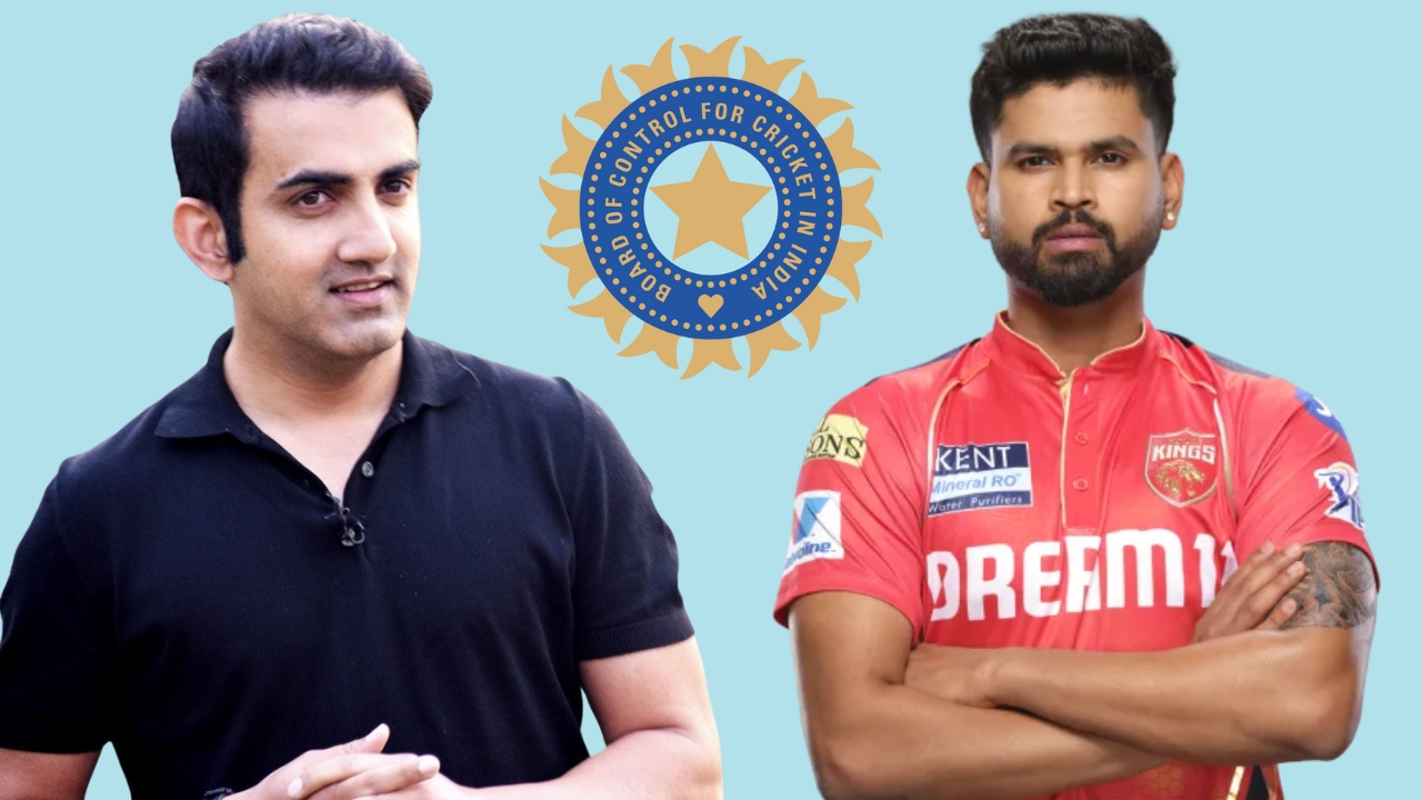 Gautam Gambhir and Shreyas Iyer pictured with the BCCI (Board of Control for Cricket in India) logo on a light blue background.