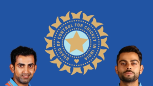 Headshots of Gautam Gambhir and Virat Kohli alongside the BCCI (Board of Control for Cricket in India) logo, representing Indian cricket leadership.