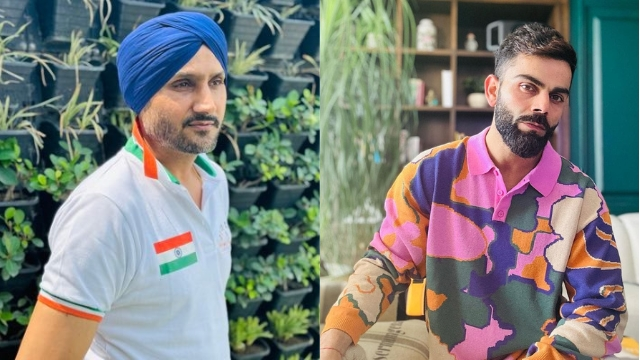 Side-by-side photos of Indian cricketers Harbhajan Singh wearing a patriotic shirt and turban, and Virat Kohli in a colorful patterned sweater.