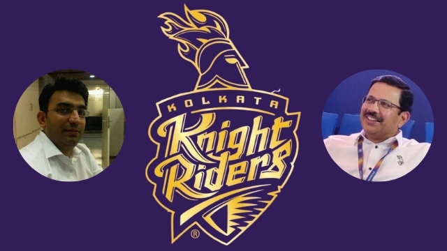 Hemang Amin and Venky Mysore featured alongside the Kolkata Knight Riders (KKR) logo on a purple background, representing IPL 2025.