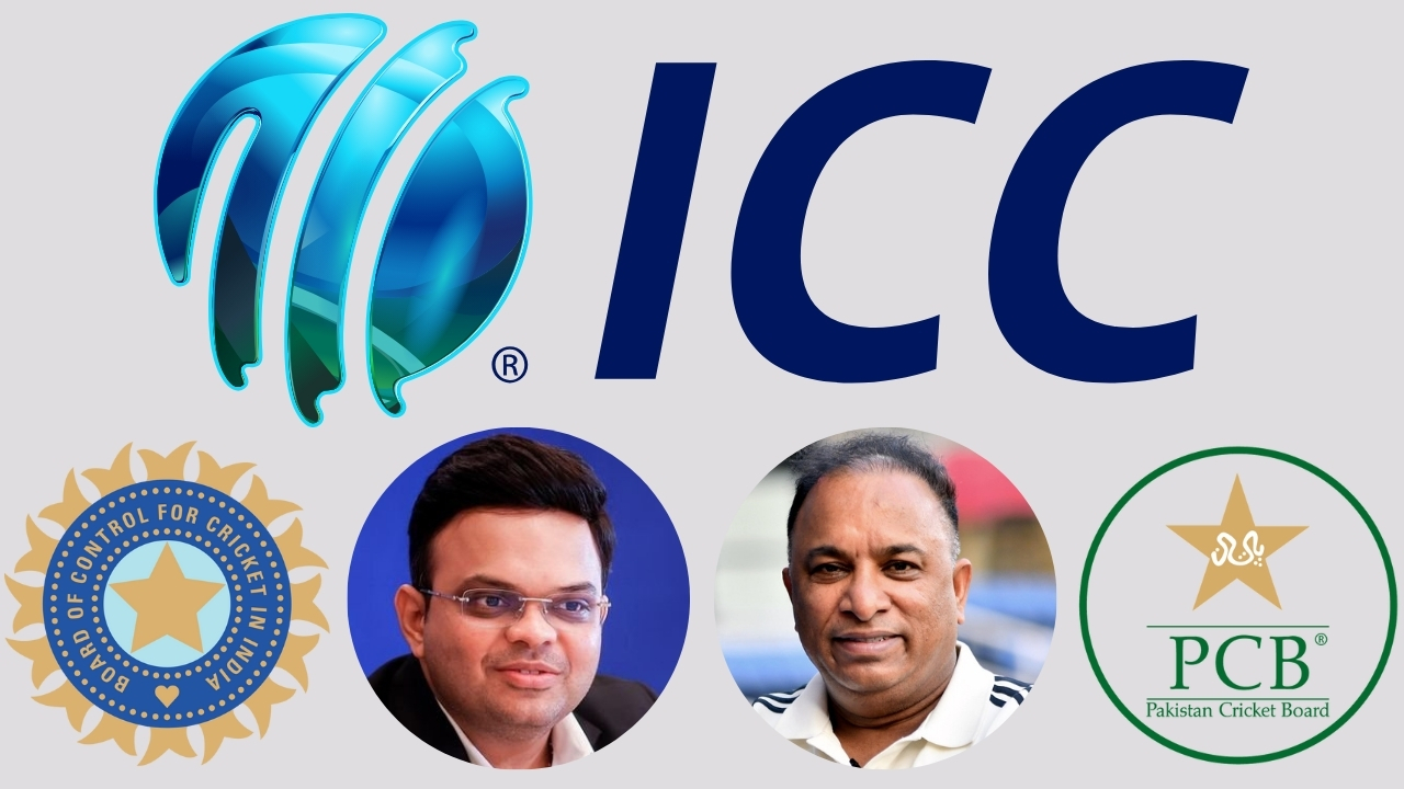 ICC, BCCI, and PCB logos displayed above portraits of Jay Shah and Devajit Saikia, prominent cricket administrators.