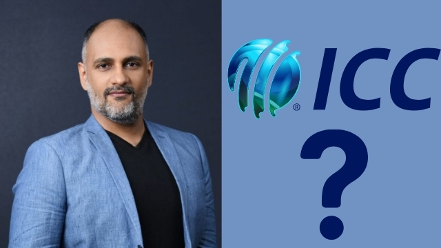 Sajo Gupta in a blazer next to ICC logo with question mark, hinting at possible CEO replacement for Geoff Allardice.