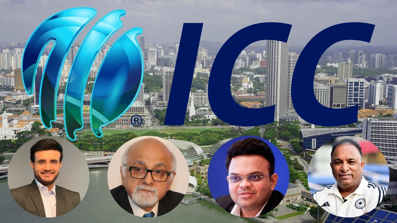 ICC logo over a city skyline with portraits of Jay Shah, Imran Khwaja, Sourav Ganguly, and Devajit Saikia representing key figures in cricket administration for 2025.