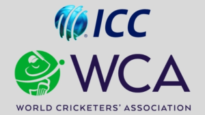 Logos of the International Cricket Council (ICC) and the World Cricketers’ Association (WCA) on a grey background.